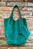 Green leather shopper bag in genuine suede. Slouchy teal green carry all tote bag for laptops, tablets, books. Green leather purse