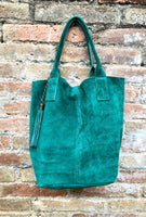 Green leather shopper bag in genuine suede. Slouchy teal green carry all tote bag for laptops, tablets, books. Green leather purse