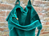 Green leather shopper bag in genuine suede. Slouchy teal green carry all tote bag for laptops, tablets, books. Green leather purse