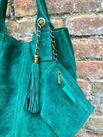 Green leather shopper bag in genuine suede. Slouchy teal green carry all tote bag for laptops, tablets, books. Green leather purse