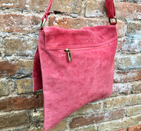 Crossbody suede bag. GENUINE leather bag in coral RED. BOHO suede bag . Red suede purse. Messenger bag in suede for books, tablets...