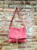 Crossbody suede bag. GENUINE leather bag in coral RED. BOHO suede bag . Red suede purse. Messenger bag in suede for books, tablets...