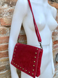 Burgundy crossbody bag w/ adjustable strap. Genuine suede leather bag. Wine red shoulder bag with studs zipper + flap. Burgundy suede purse