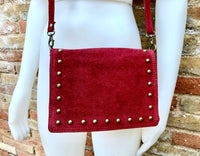 Burgundy crossbody bag w/ adjustable strap. Genuine suede leather bag. Wine red shoulder bag with studs zipper + flap. Burgundy suede purse