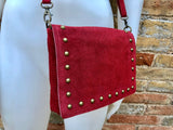 Burgundy crossbody bag w/ adjustable strap. Genuine suede leather bag. Wine red shoulder bag with studs zipper + flap. Burgundy suede purse