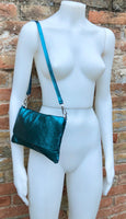 Small leather bag in metallic teal BLUE. Crossbody or shoulder bag in GENUINE leather. Blue purse with adjustable strap. flap and zipper.