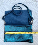 Small leather bag in metallic teal BLUE. Crossbody or shoulder bag in GENUINE leather. Blue purse with adjustable strap. flap and zipper.