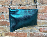 Small leather bag in metallic teal BLUE. Crossbody or shoulder bag in GENUINE leather. Blue purse with adjustable strap. flap and zipper.