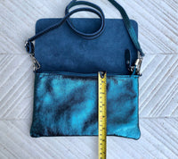 Small leather bag in metallic teal BLUE. Crossbody or shoulder bag in GENUINE leather. Blue purse with adjustable strap. flap and zipper.