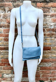 Small leather bag in DENIM BLUE. Crossbody or shoulder bag in GENUINE leather. Blue-gray purse with adjustable strap. flap and zipper.