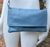 Small leather bag in DENIM BLUE. Crossbody or shoulder bag in GENUINE leather. Blue-gray purse with adjustable strap. flap and zipper.