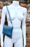 Small leather bag in DENIM BLUE. Crossbody or shoulder bag in GENUINE leather. Blue-gray purse with adjustable strap. flap and zipper.