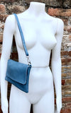 Small leather bag in DENIM BLUE. Crossbody or shoulder bag in GENUINE leather. Blue-gray purse with adjustable strap. flap and zipper.