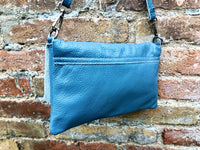 Small leather bag in DENIM BLUE. Crossbody or shoulder bag in GENUINE leather. Blue-gray purse with adjustable strap. flap and zipper.