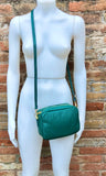 Small leather bag in green. GENUINE leather crossbody / shoulder bag. Small green leather purse. Adjustable strap + zippers. Gold accents.