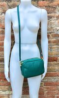 Small leather bag in green. GENUINE leather crossbody / shoulder bag. Small green leather purse. Adjustable strap + zippers. Gold accents.