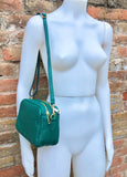 Small leather bag in green. GENUINE leather crossbody / shoulder bag. Small green leather purse. Adjustable strap + zippers. Gold accents.