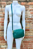 Small leather bag in green. GENUINE leather crossbody / shoulder bag. Small green leather purse. Adjustable strap + zippers. Gold accents.