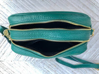 Small leather bag in green. GENUINE leather crossbody / shoulder bag. Small green leather purse. Adjustable strap + zippers. Gold accents.