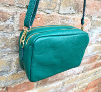 Small leather bag in green. GENUINE leather crossbody / shoulder bag. Small green leather purse. Adjustable strap + zippers. Gold accents.