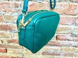 Small leather bag in green. GENUINE leather crossbody / shoulder bag. Small green leather purse. Adjustable strap + zippers. Gold accents.