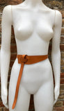 Leather 80s style obi belt . Wrap belt in camel BROWN. Waist belt in genuine leather. Saddle brown wraparound belt.Tobacco Brown dress belt