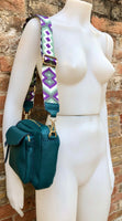 Genuine leather teal GREEN bag with embroidered strap. GENUINE leather cross body bag. GREEN purse with zippers. Green leather messenger