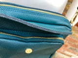 Genuine leather teal GREEN bag with embroidered strap. GENUINE leather cross body bag. GREEN purse with zippers. Green leather messenger