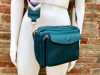 Genuine leather teal GREEN bag with embroidered strap. GENUINE leather cross body bag. GREEN purse with zippers. Green leather messenger