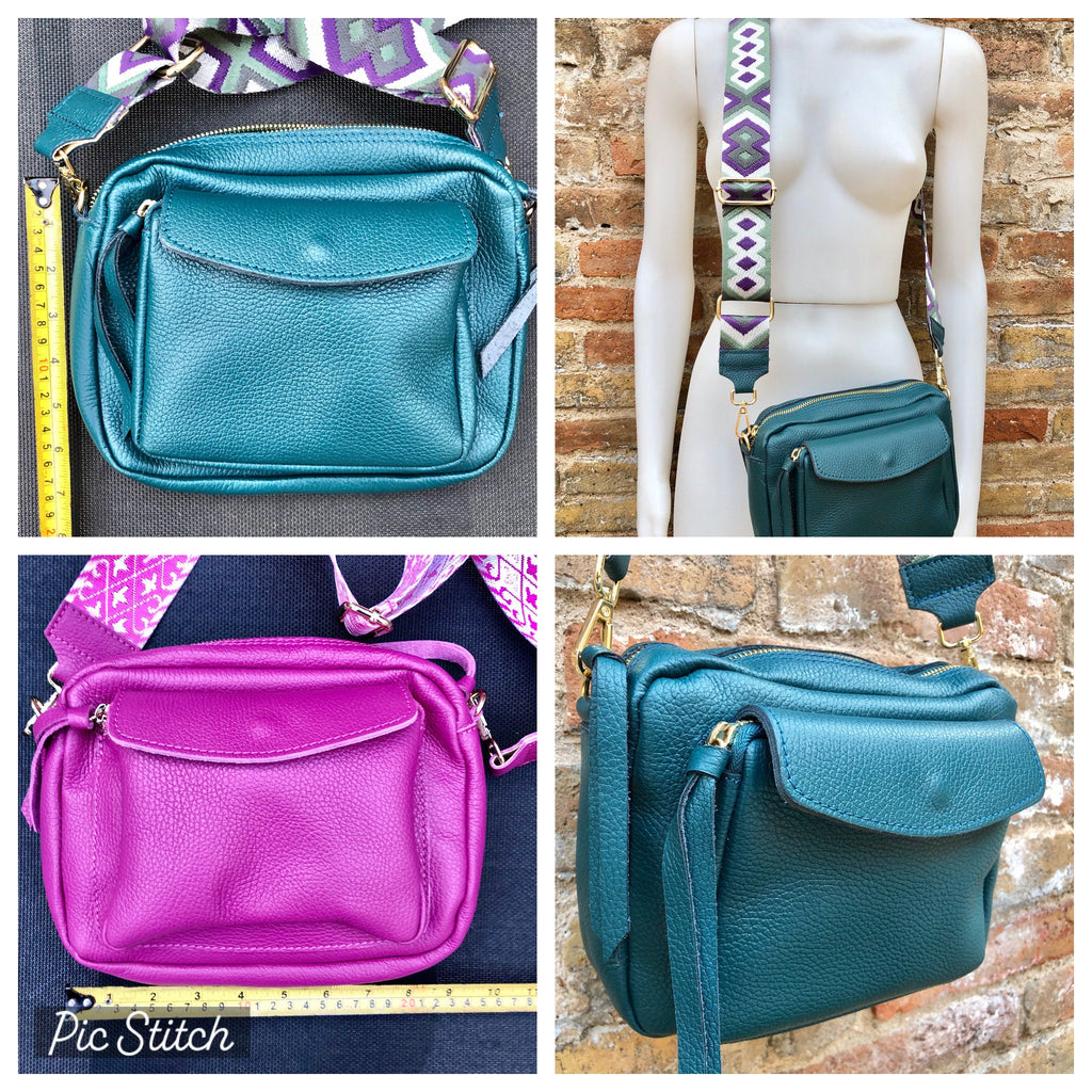 Genuine leather teal GREEN bag with 2 straps: 1 embroidered + 1 leather. GENUINE leather crossbody bag. Green leather purse
