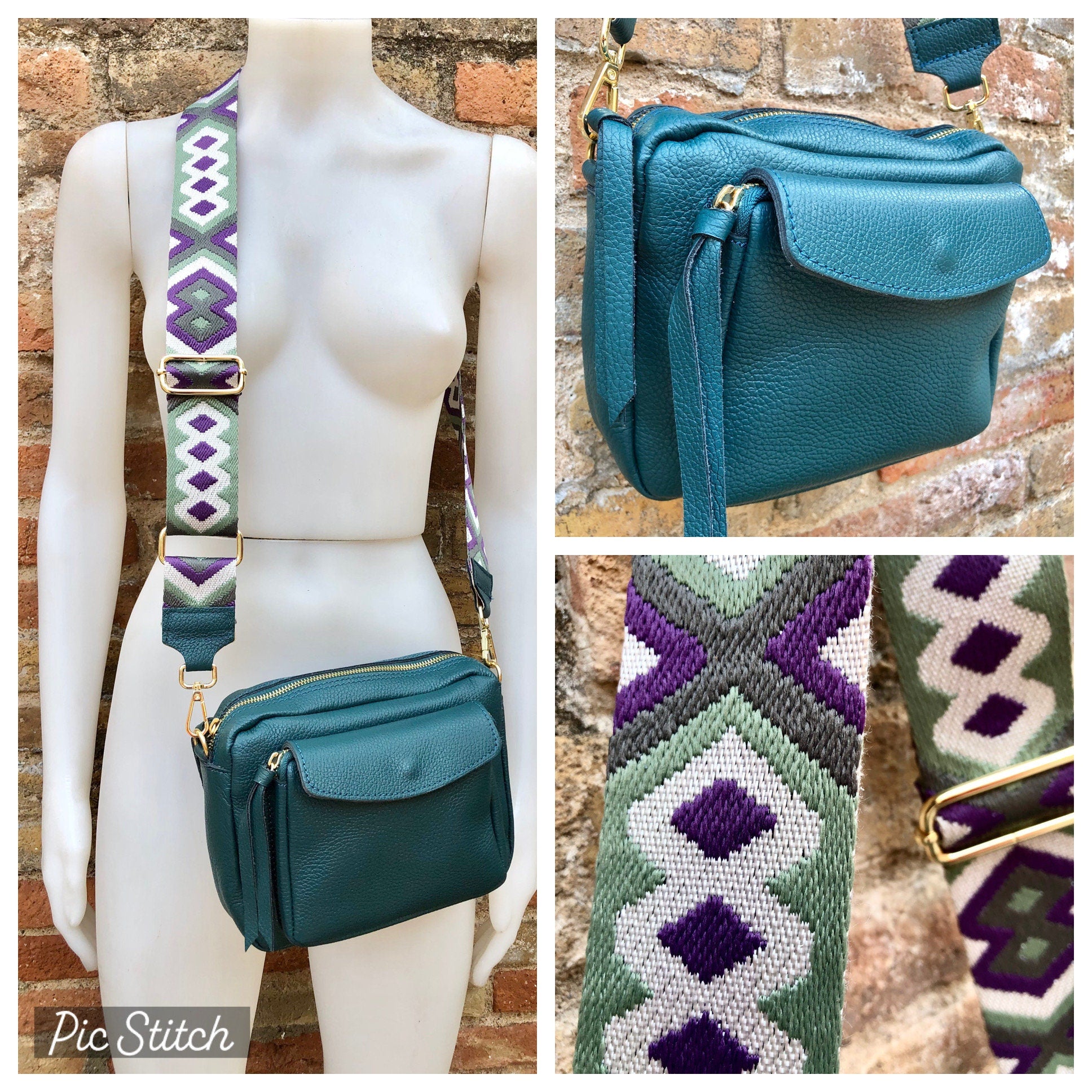 Genuine leather teal GREEN bag with 2 straps: 1 embroidered + 1 leather. GENUINE leather crossbody bag. Green leather purse