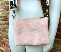 Suede leather bag in light PINK. 2 straps: suede + guitar strap. Cross body or shoulder bag in GENUINE leather. Small PINK purse with zipper