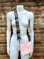 Suede leather bag in light PINK. 2 straps: suede + guitar strap. Cross body or shoulder bag in GENUINE leather. Small PINK purse with zipper