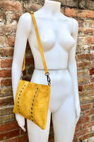 Crossbody bag. MUSTARD YELLOW boho suede leather bag with bronze tacks. Messenger bag in genuine suede leather. YELLOW suede purse