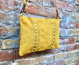 Crossbody bag. MUSTARD YELLOW boho suede leather bag with bronze tacks. Messenger bag in genuine suede leather. YELLOW suede purse