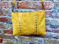 Crossbody bag. MUSTARD YELLOW boho suede leather bag with bronze tacks. Messenger bag in genuine suede leather. YELLOW suede purse