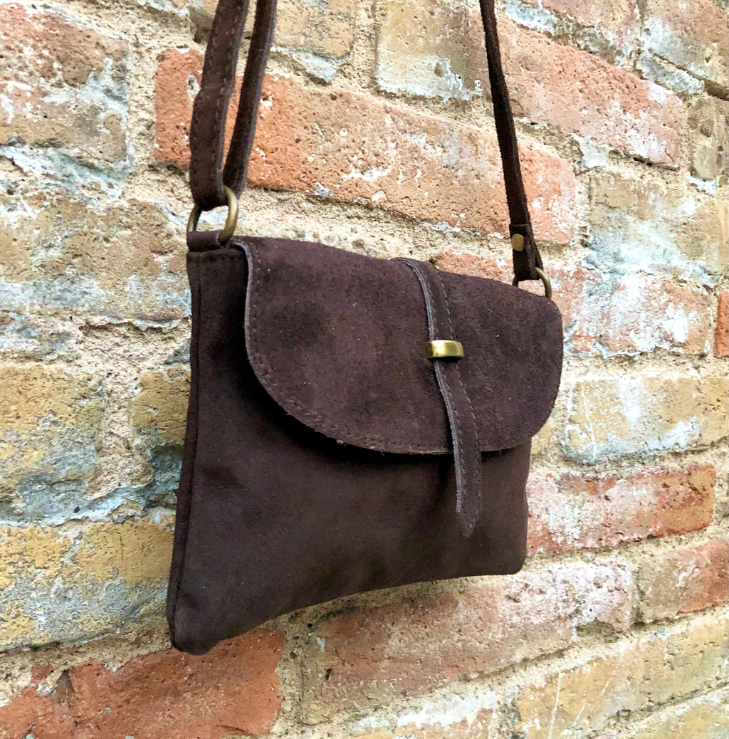 Dark BROWN suede bag. Genuine leather chocolate crossbody bag. Small leather bag with adjustable strap and zipper. Dark brown suede purse.