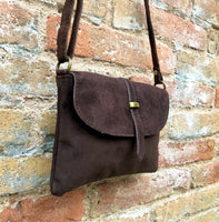 Dark BROWN suede bag. Genuine leather chocolate crossbody bag. Small leather bag with adjustable strap and zipper. Dark brown suede purse.