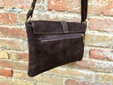 Dark BROWN suede bag. Genuine leather chocolate crossbody bag. Small leather bag with adjustable strap and zipper. Dark brown suede purse.