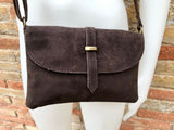 Dark BROWN suede bag. Genuine leather chocolate crossbody bag. Small leather bag with adjustable strap and zipper. Dark brown suede purse.