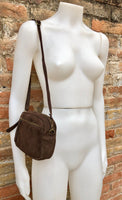 Small brown crossbody bag with adjustable guitar strap + suede strap. Genuine suede leather brown purse. Shoulder / crossbody bag w/ zippers