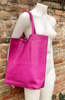 Tote leather bag in hot PINK. Leather shopper bag in soft natural GENUINE leather. Large fuchsia color carry all bag. Fuchsia pink purse