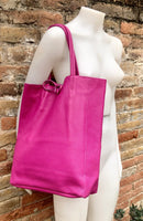 Tote leather bag in hot PINK. Leather shopper bag in soft natural GENUINE leather. Large fuchsia color carry all bag. Fuchsia pink purse