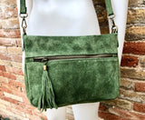 BOHO suede leather bag in GREEN. Cross body bag, leather bag, boho bag, messenger suede bag. Soft natural leather bag with tassel