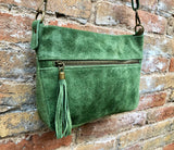 BOHO suede leather bag in GREEN. Cross body bag, leather bag, boho bag, messenger suede bag. Soft natural leather bag with tassel