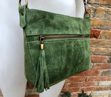 BOHO suede leather bag in GREEN. Cross body bag, leather bag, boho bag, messenger suede bag. Soft natural leather bag with tassel