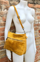 Boho suede leather bag in MUSTARD YELLOW. Crossbody / shoulder bag in genuine leather bag. Yellow suede purse with tassel.