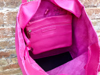 Tote leather bag in fuchsia pink. Soft natural GENUINE leather bag. Large hot pink leather shopper bag, Laptop bag. With ZIPPER. Pink purse