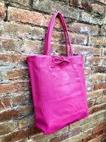 Tote leather bag in fuchsia pink. Soft natural GENUINE leather bag. Large hot pink leather shopper bag, Laptop bag. With ZIPPER. Pink purse