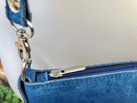 Small BLUE suede leather bag. Crossbody or shoulder bag in GENUINE leather. Adjustable strap. + zipper. Blue suede purse